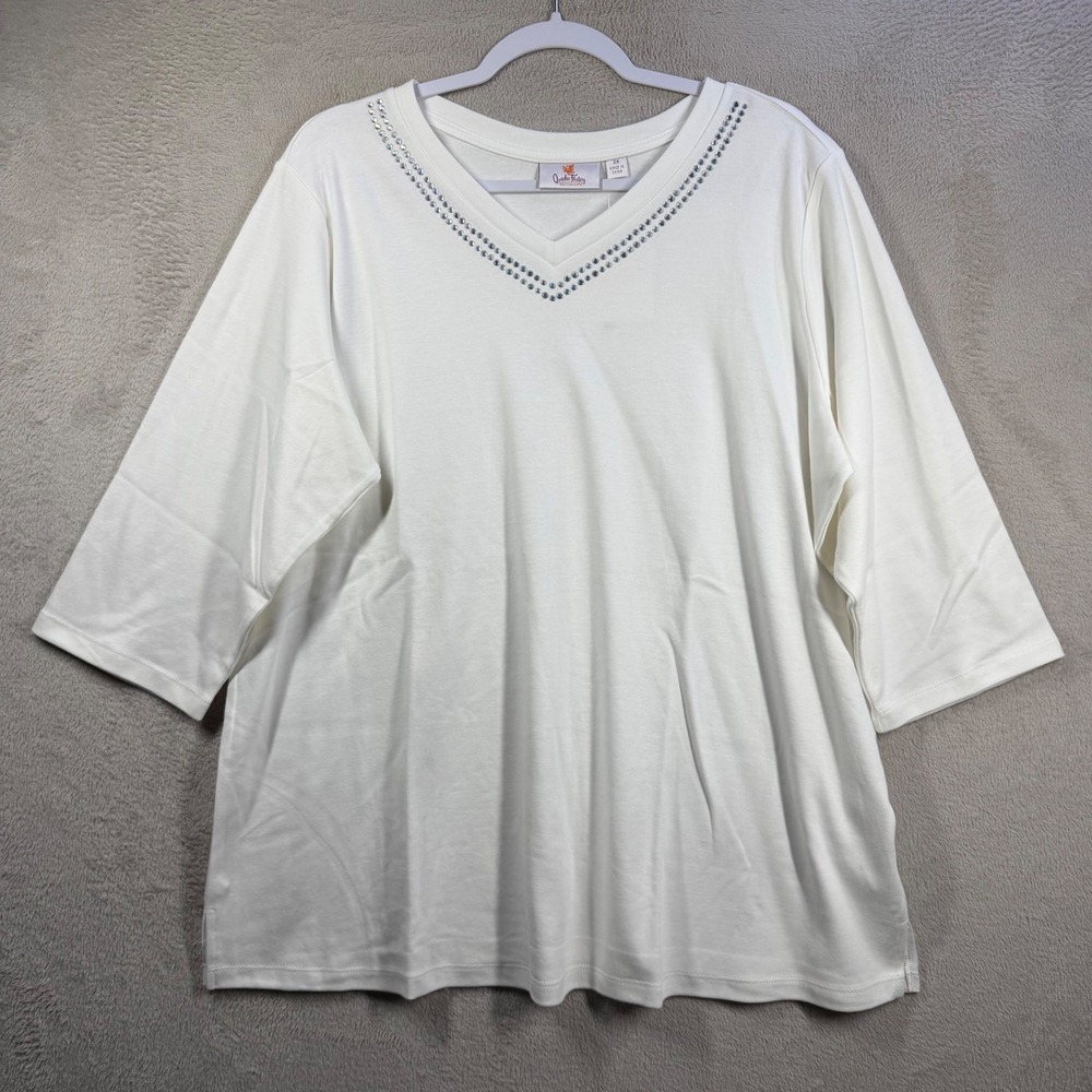 Quacker Factory Top Women 2X White Rhinestone V-Neck 3/4 Sleeve Cotton Tee 5528